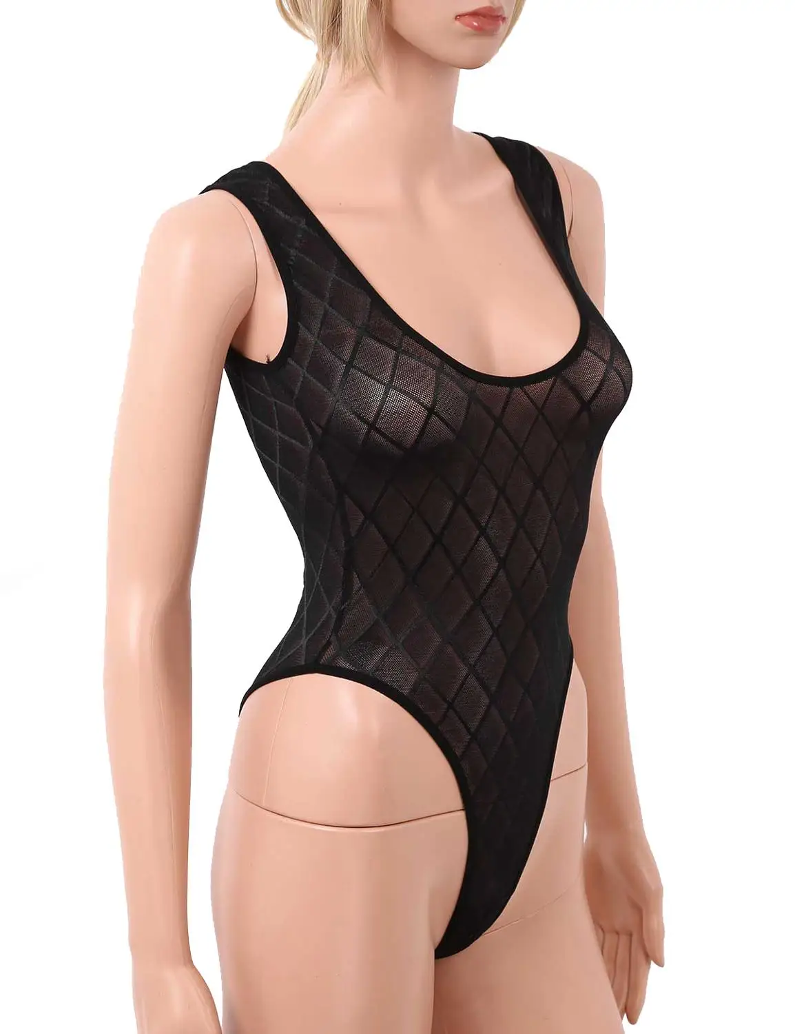 

Womens Lingerie See Through Crotchless Bodysuit Sheer Mesh Deep U Neck Sleeveless High Cut Thong Leotard Bodysuit Nightwear
