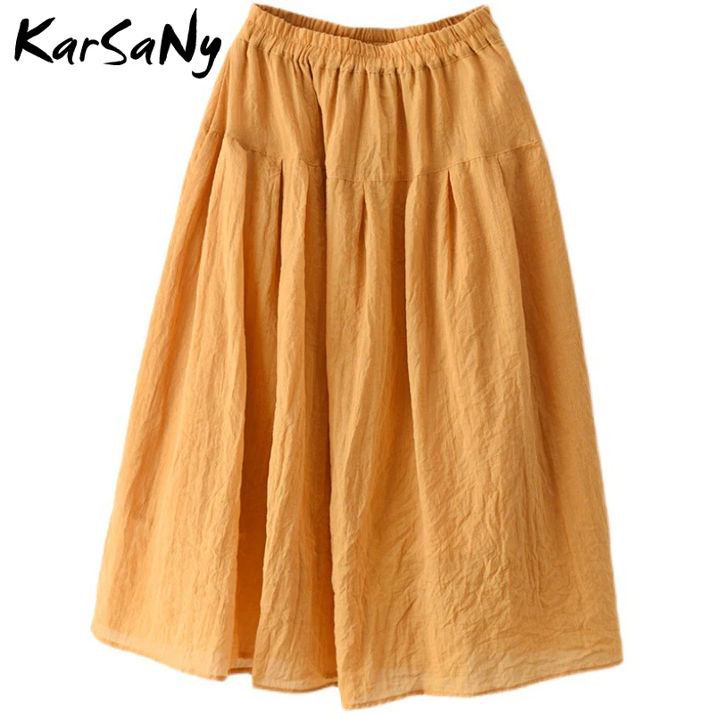 

KarSaNy Vintage Cotton Linen Long Skirt 2021 Summer Skirts Boho Maxi Skirt Summer Yellow High Waist White Skirts For Women