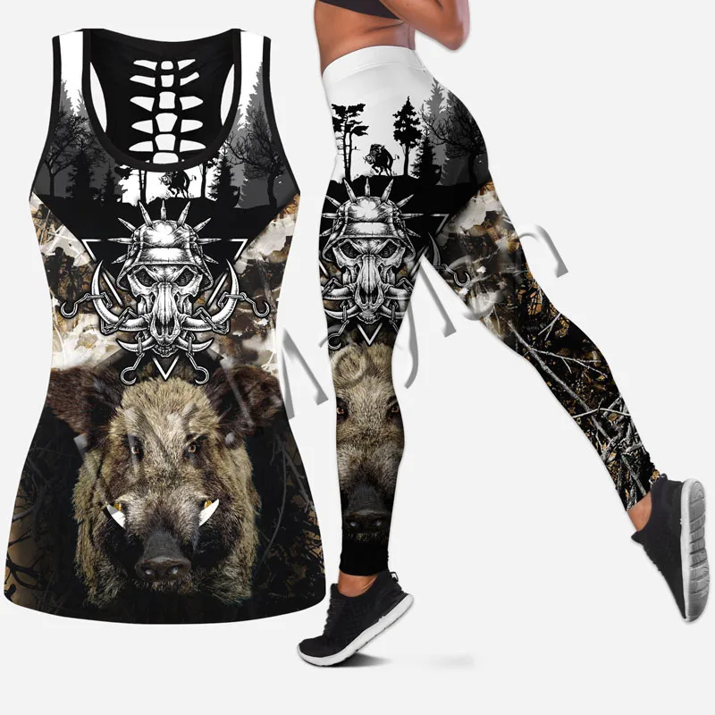 

Fashion Animal Boar Hunter Hunting Women Hollow Tanktop and Leggings for 3D Print Hipster Leisure Female Sexy Vest Clothes S-1