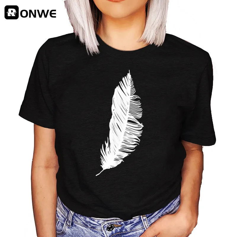 

Feather Print Loose O-Neck Short Sleeve Women Black T-shirt Girl Elastic Stretched Summer Home New Tops Tee Female Clothes