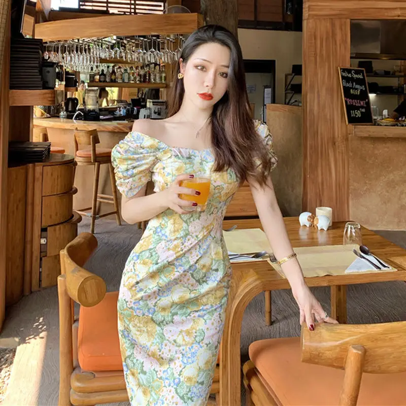 

New Korean Style Floral Print Dress Women Sexy Elegant Sweet Off Shoulder Slim Chic Fairy Dress Holiday Dye Kawaii Beach Dress