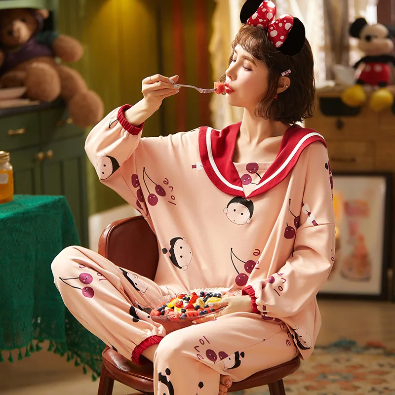 Autumn Winter Cotton Pajamas Women's Long-sleeved Suit Sweet and Cute Doll Collar Home Service Women Can Wear Ladies Pajamas