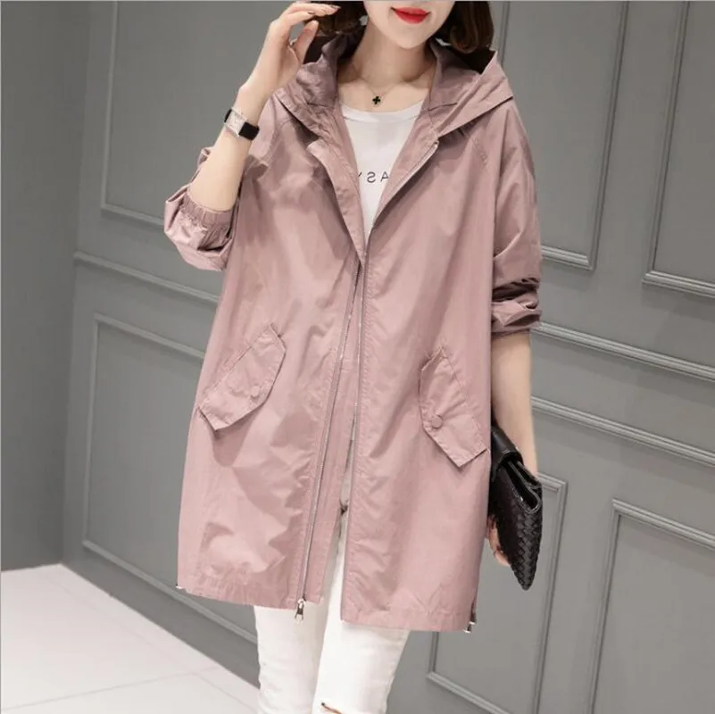 

Spring Autumn Large Size 4XL Hooded Windbreaker Coats Women's Mid-Length Trench Coat 2021 New thin Female Coat Casual Outerwear