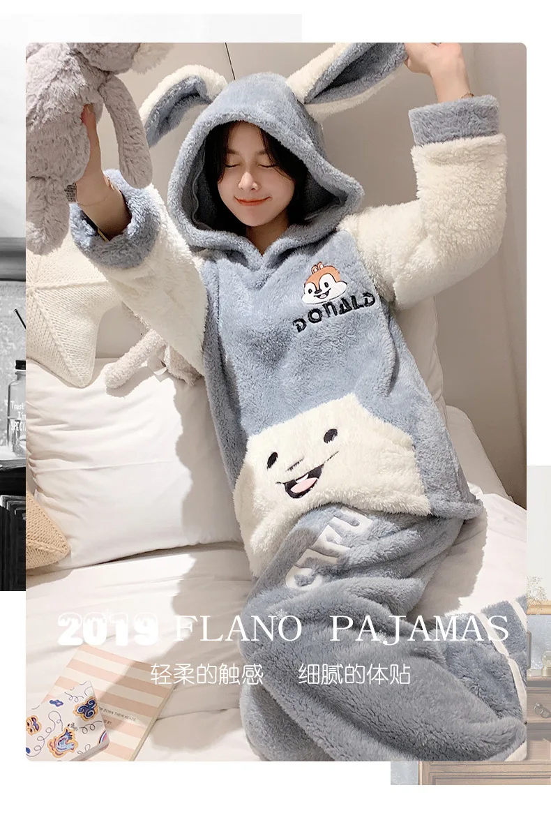 Сезон осень зима Женская плюшевая Пижама с капюшоном и милыми заячьими ушками