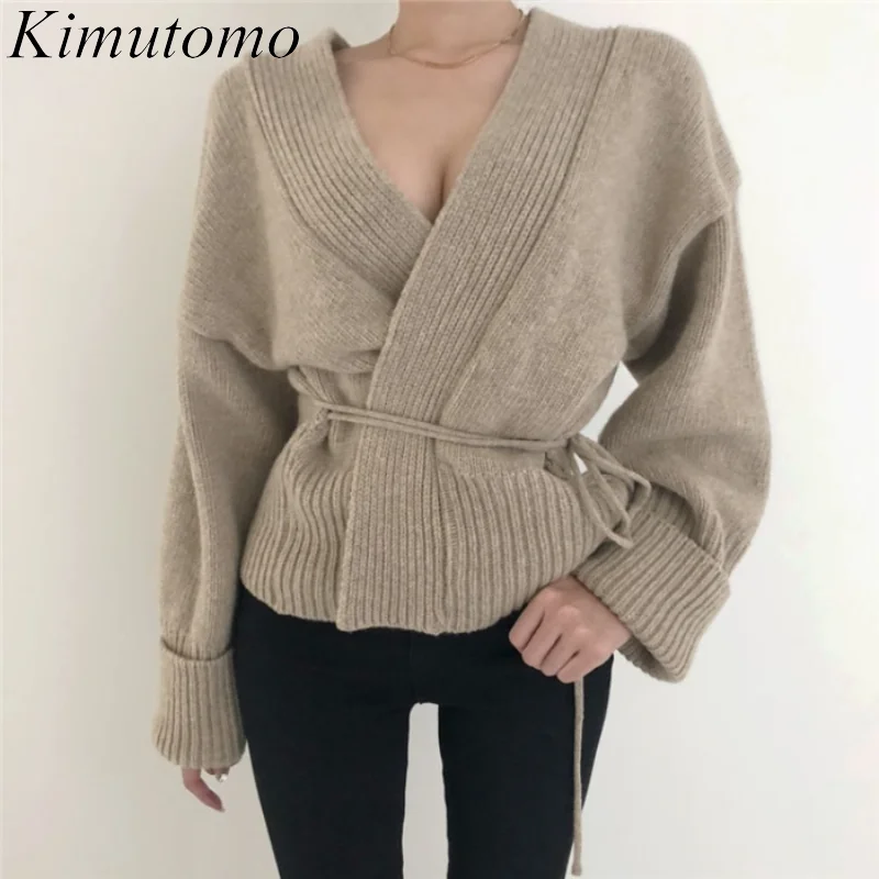 

Kimutomo шикарный мягкий свитер женский Осень-зима новый корейский винтажный Стиль Ленивый V-образный вырез с кружевной талией Универсальный в...