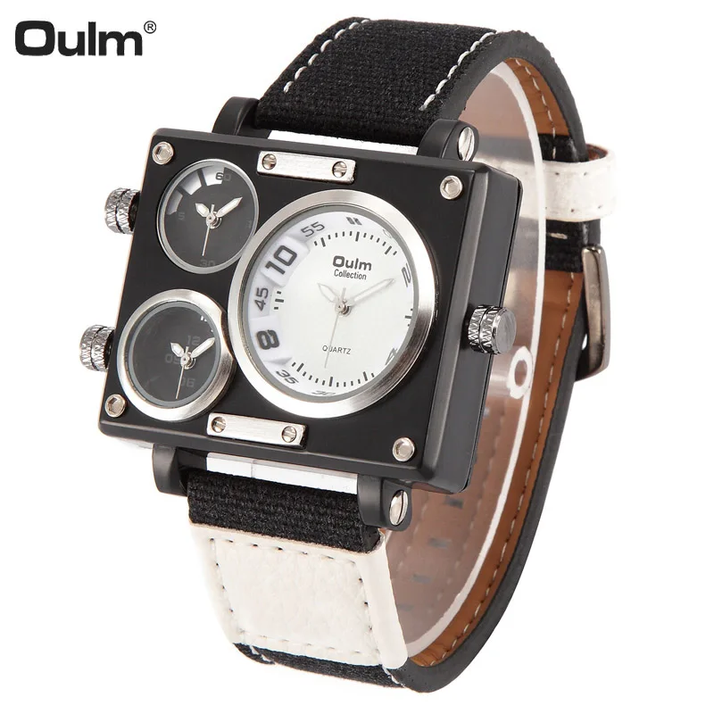Oulm Men Watch Fashion Sport Canvas Fabric Rectangle Case Double Time Quartz Watches Military Wristwatches | Наручные часы