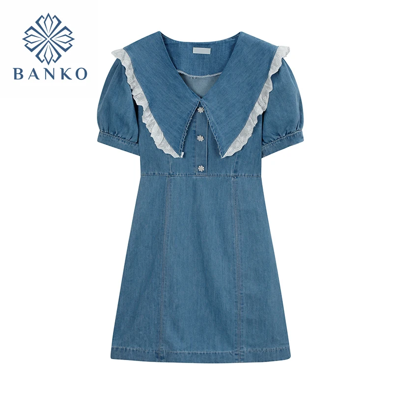 

Женское джинсовое платье с завышенной талией, винтажное ТРАПЕЦИЕВИДНОЕ ПЛАТЬЕ с кружевными краями, круглым воротником и пышными рукавами, ...