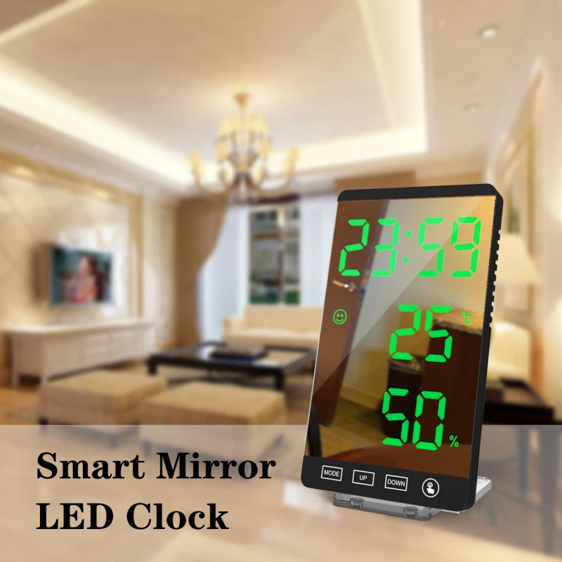 

Mirror 6Inch LED Alarm Clock Digital Snooze Table Clock Touch Button Digital Clock Temperature Humidity Display USB Output