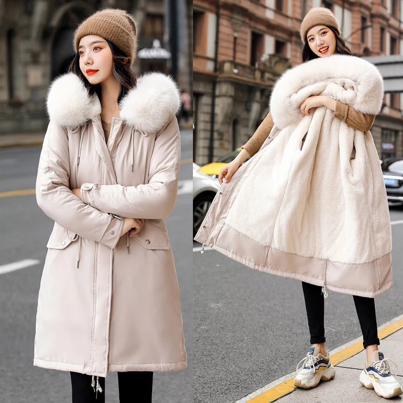Женская парка хлопковая куртка 2019 однотонное пальто с мехом зимнее длинное