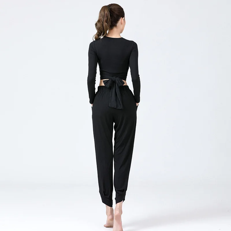 Женский костюм для латинских танцев черный топ + штаны сальса Самба