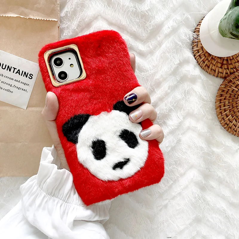 C Милый пушистый чехол с пандой для волос для iPhone 11 Pro Max 6 6s 7 8 Plus X 10, теплая плюшевая задняя крышка с пухом для iPhone XS Max XR, чехлы для телефонов - Цвет: C