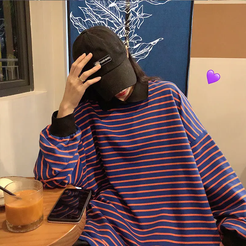 

Polo Collar Hoodies Sweatshirt Vintage Woman Spring Striped Long Sleeve Loose Casual Oversized Female Tops Harajuku Pullover
