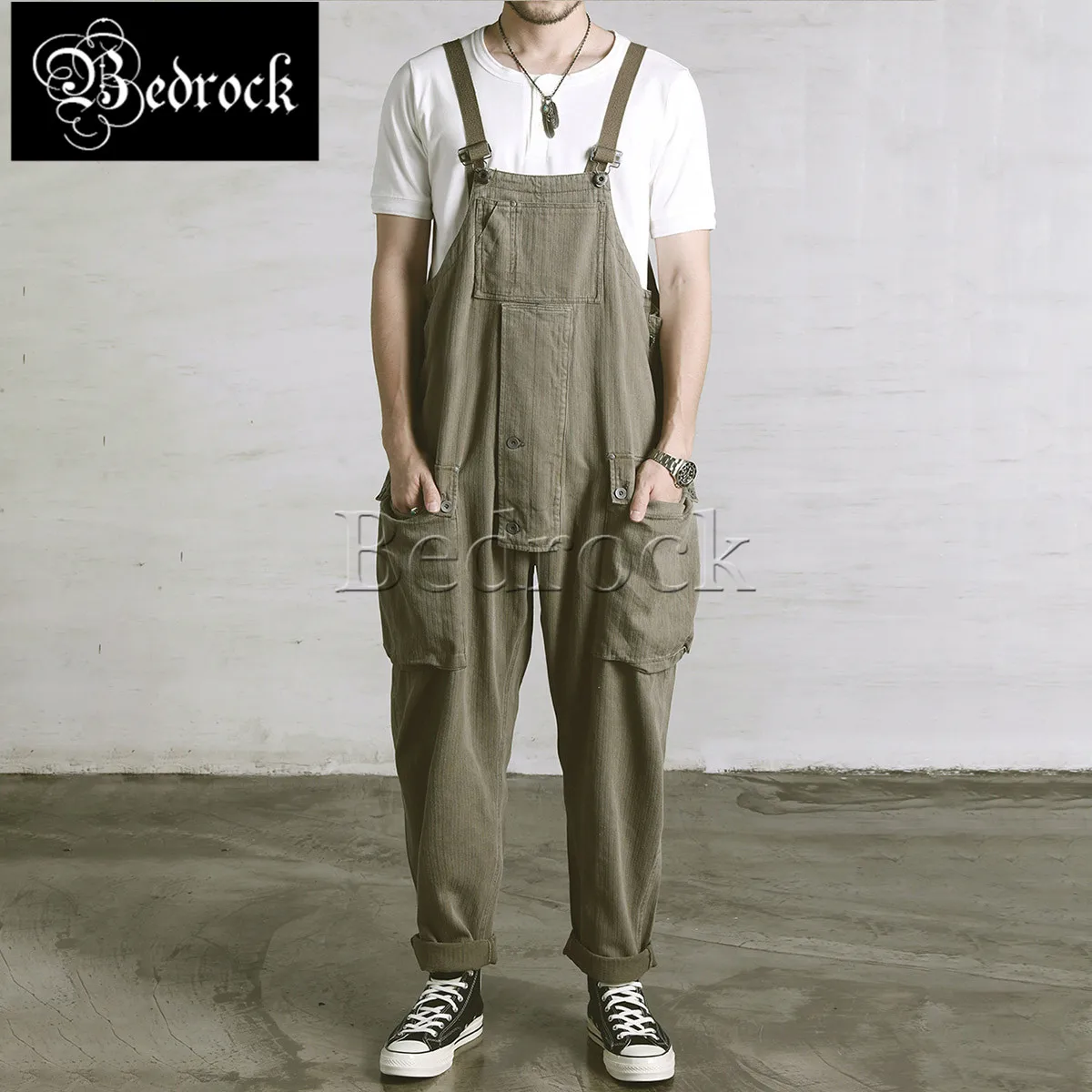 RT 9oz herringbone overalls for men vintage batik one washed denim baggy jeans blue big pocket suspenders loose military pants