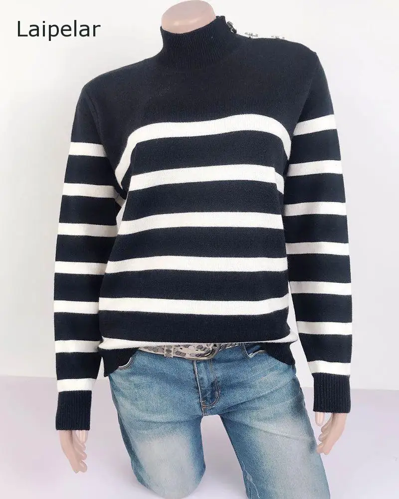 

Autumn Winter Long Sleeve Loose Knitted Sweater 2020 Fashion Striped Button Turtleneck Sweater Elegant Jumpers Casual Pullover