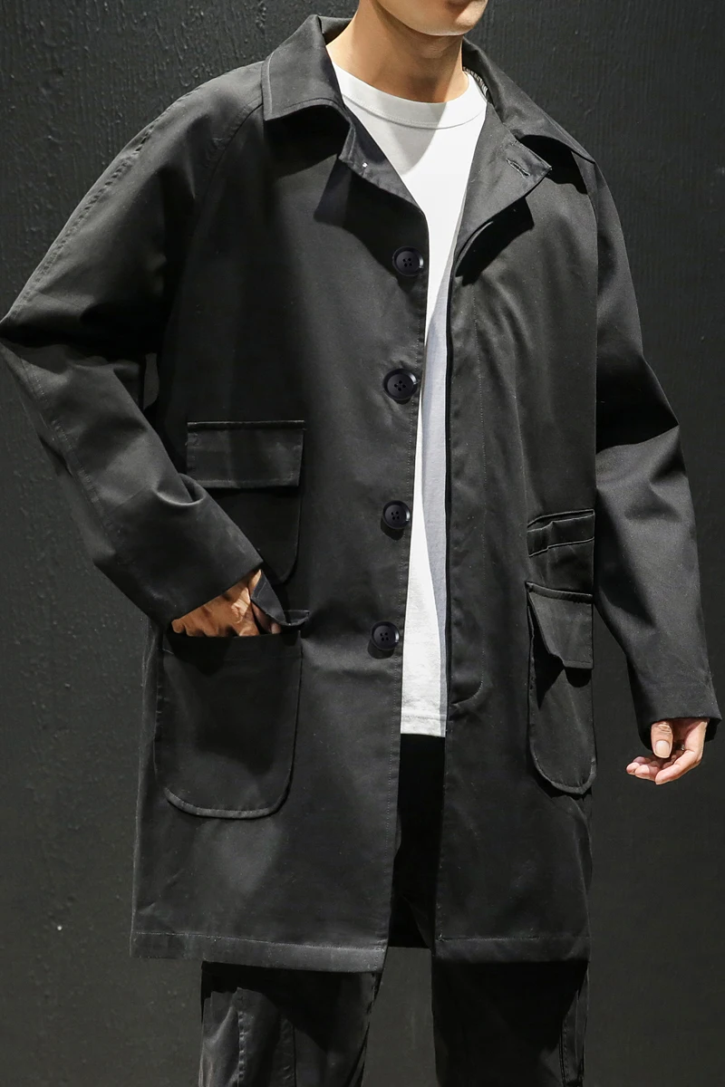 

New Autumn Mens Trench Jacket Male Pockets Overcoat Casual Solid Coats Long cotton trench coat Black Army green Streetwear