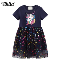 vikita kids unicorn print summer princess dresses girls birthday party prom tutu dresses children short sleeve casual clothes