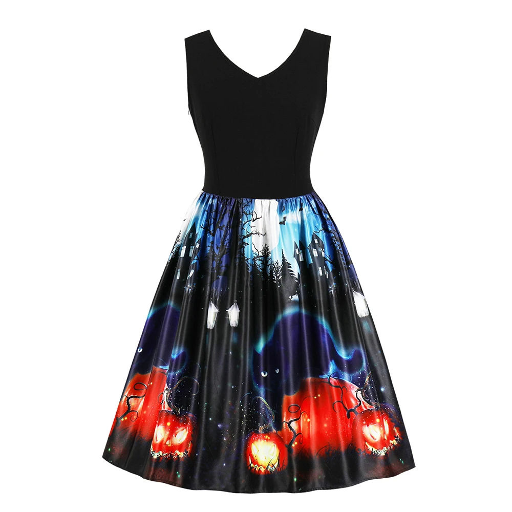 

Vicabo Black Halloween Dress Women V Neck Sleeveless A-line Mini Vestidos L-4XL Female Fashion Halloween Clothes