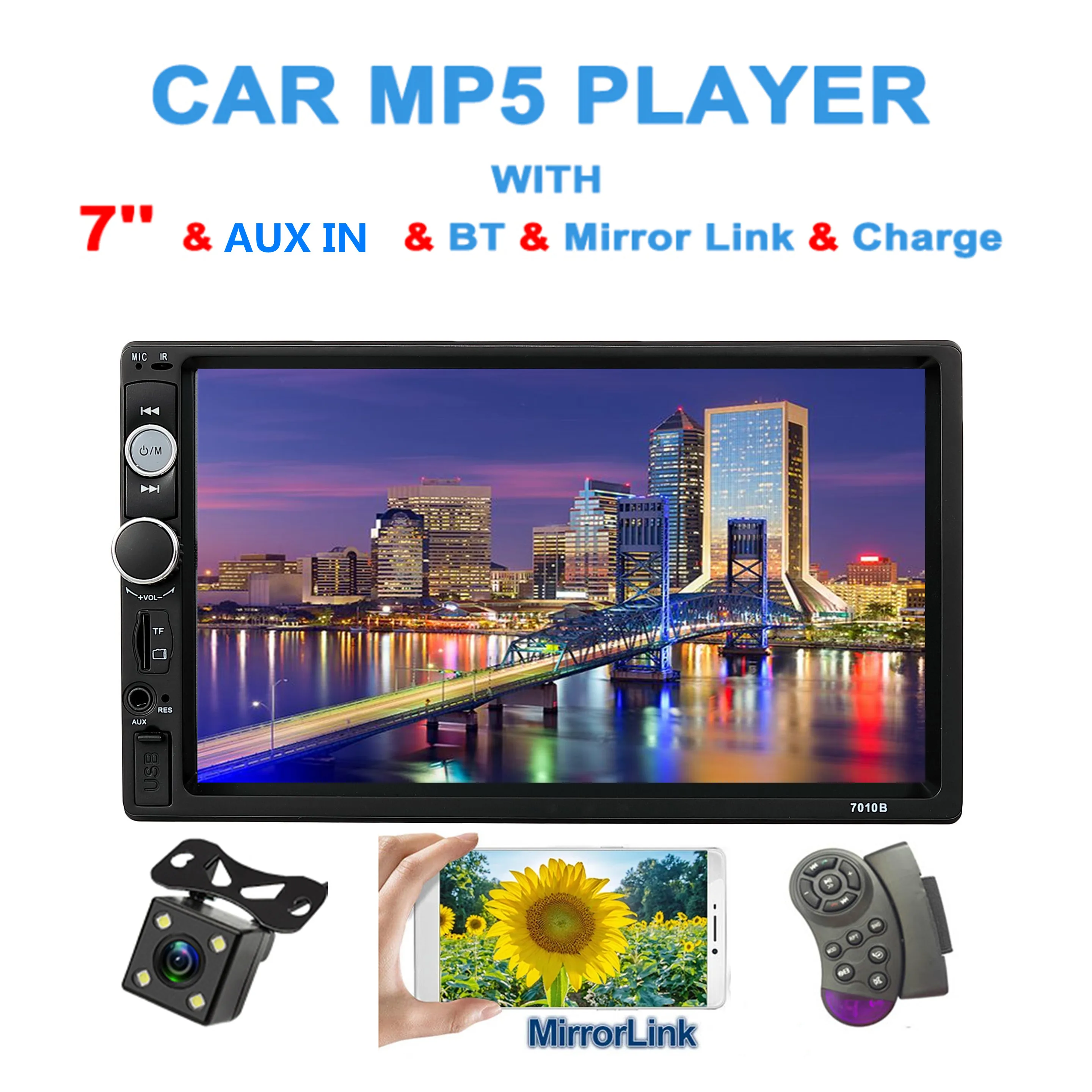 

Universal 2 Din Car Radio Bluetooth Stereo Receiver 7" Touch Screen Stereo FM Audio MP5 Player SD/USB/AUX With HD Camera