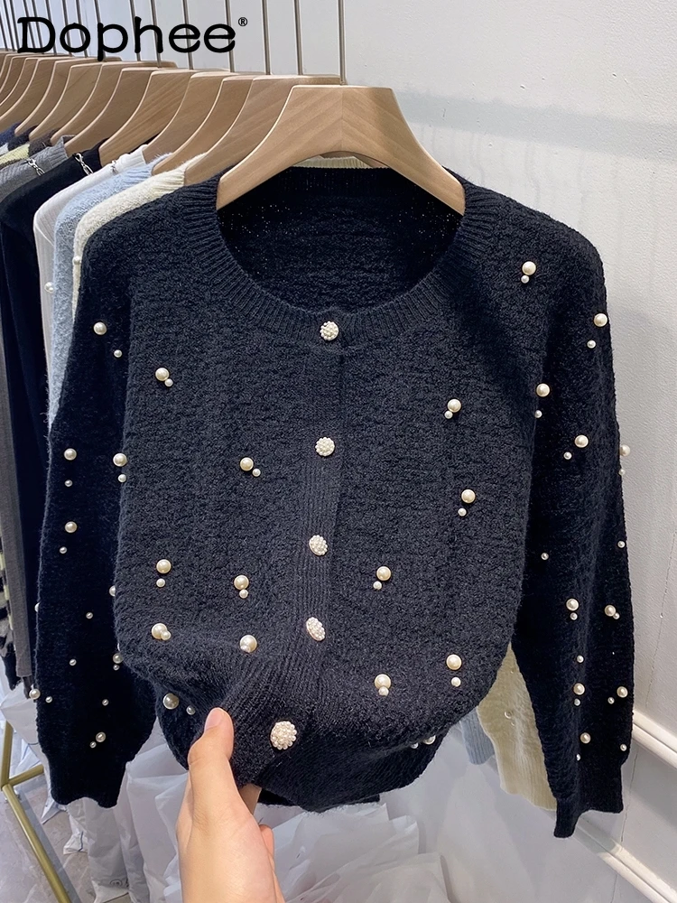 

Женский вязаный кардиган с длинным рукавом, свободный черный плиссированный свитер с круглым вырезом и длинными рукавами, осень 2021