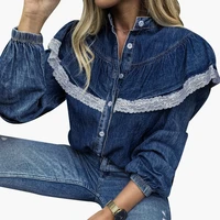 sale women fashion blue denim shirts autumn spring casual long sleeve solid lace patchwork turn down collar tops for lady d30