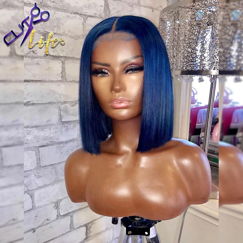 Короткий парик Боб прямые темно-синие волосы 13X 4 на шнуровке спереди 100%
