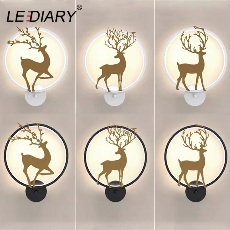 Настенная круглая лампа LEDIARY с золотым оленем Современное украшение для гостиной