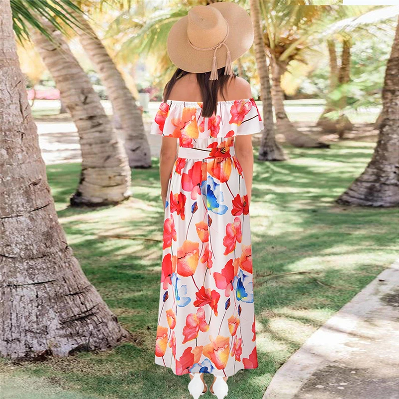 

2021 Summer Fashion New Style Self-Cultivation One-Word Shoulder Floral Bohemian Feminine Temperament Dress Trendy 409