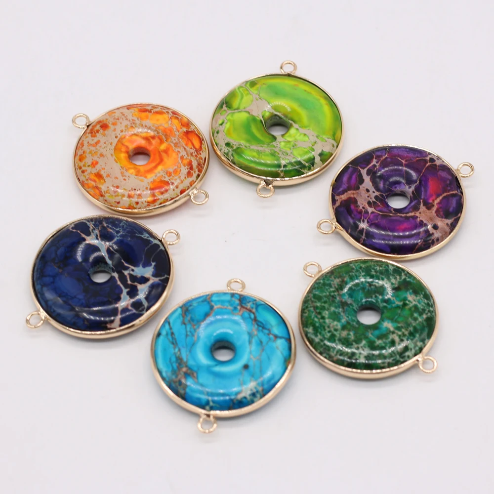 

2021New Natural Stone Round Imperial Stone Gilt Edge Connector Pendant Multi-color Crafts Making Necklace Jewelry Accessory Gift