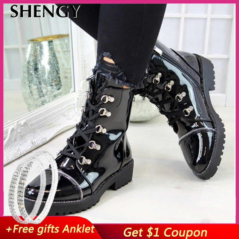 SHENGY женские мотоботы Осенняя мода Лакированная кожа круглый носок со шнуровкой