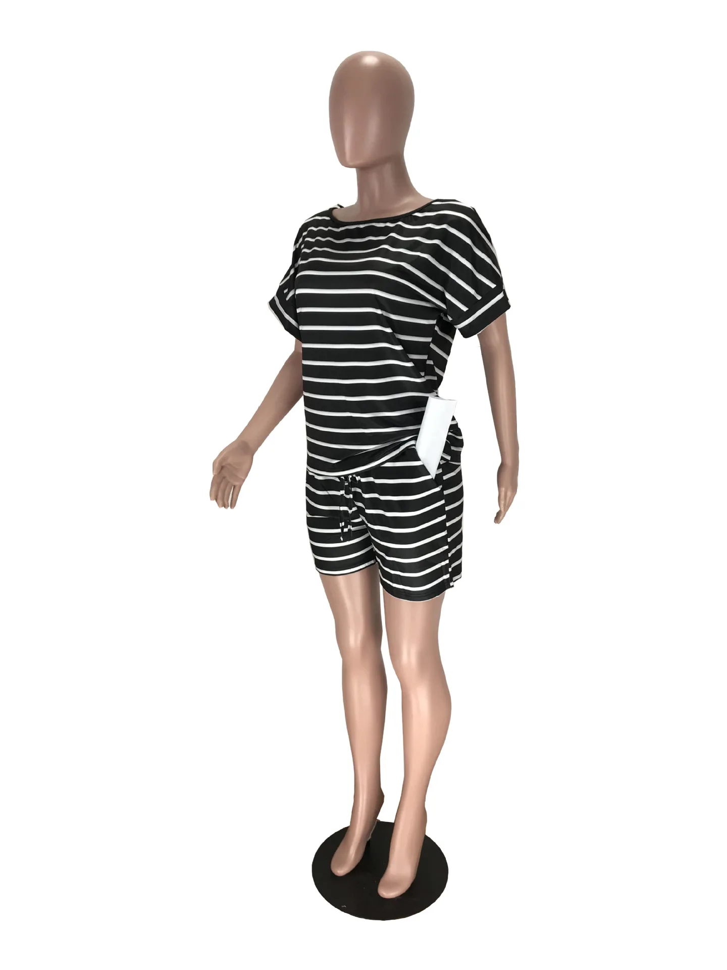 

Striped Two Piece Short Set Plus Size Women Clothing Short Sleeves Tops Drawstring 2 Piece Shorts Set Summer 2021