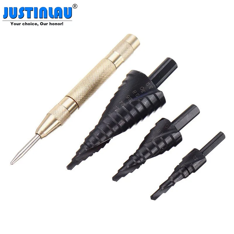 

JUSTINLAU 3Pcs 4-32/20/12mm Nitrided Black Spiral Grooved Step Drill Bit with Automatic Center Pin Punch