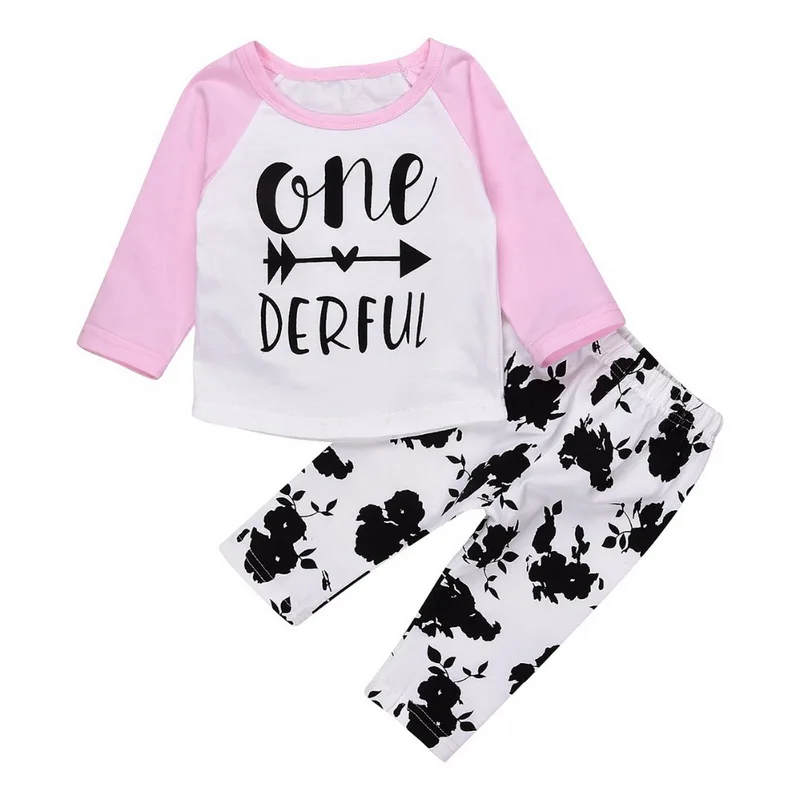 Модная футболка и штаны осенняя одежда для маленьких девочек младенец