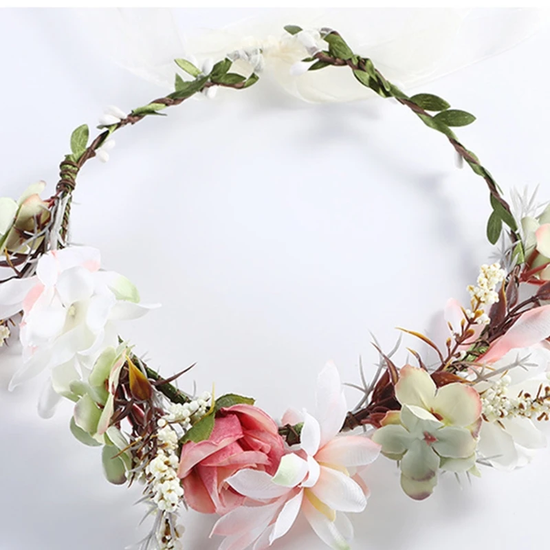 

066F Handmade Flower Wreath Headband Adjustable Floral Garland Headpiece for Wedding Festival Travelling Photo Props