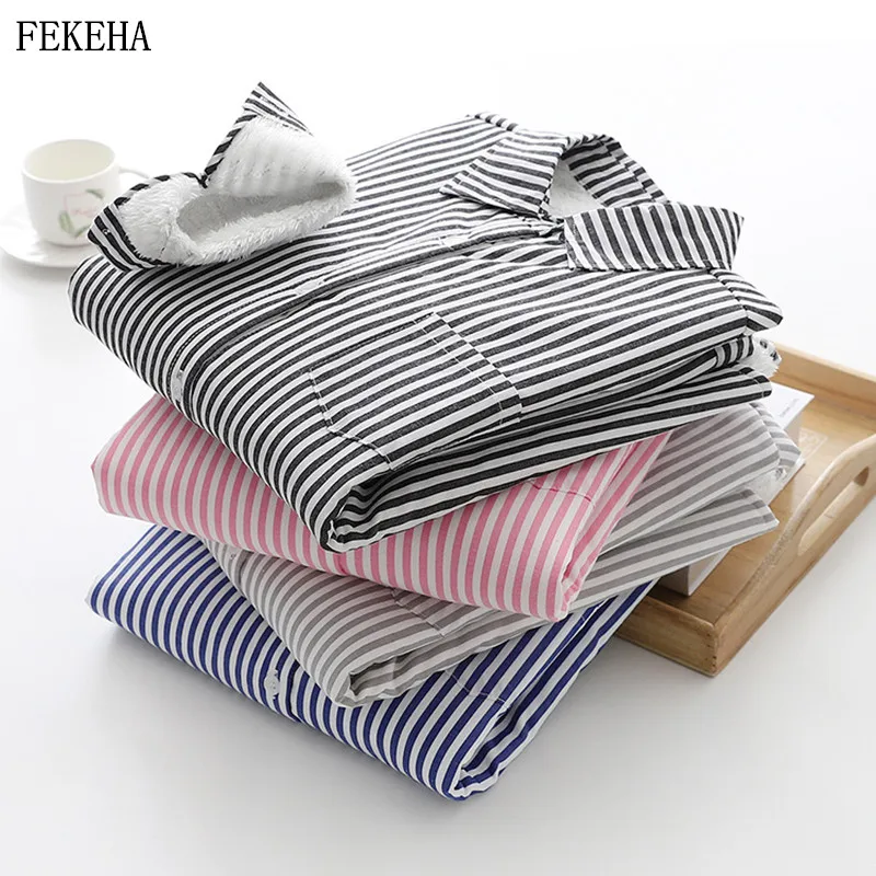 

Winter Warm Velvet Shirts Womens Striped Blouse And Tops Long Sleeve Blue Female Clothes Outwear One Pocket