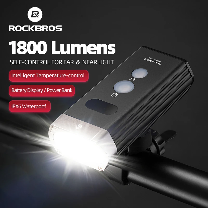 

ROCKBROS Bicycle Light 1800 Lumens IPX-6 Waterproof Bike Flashlight Power LED USB Rechargeable Bicycle Handlebar Light Headlight