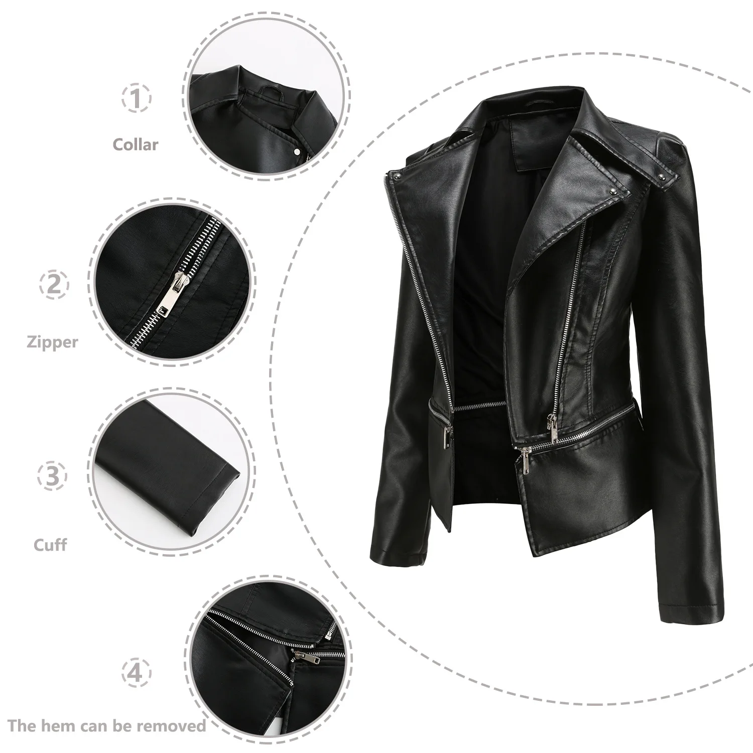 Women's Leather Jacket with Detachable Hem Spring Autumn Jacket Ladies Fashion Casual Jacket 2021 Motor Biker Coat Faux Leather