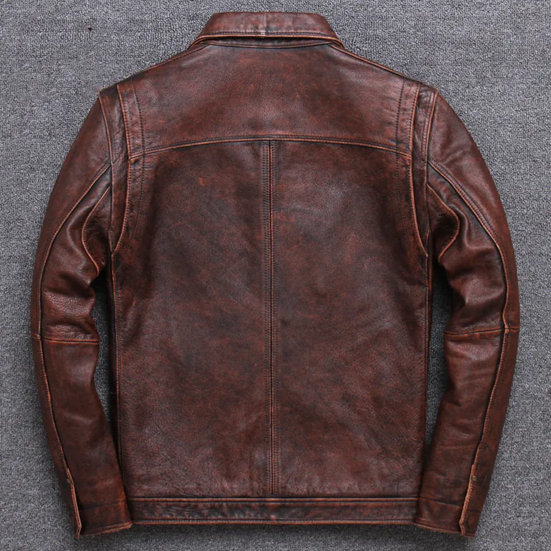 

2020 Vintage Brown Men Smart Casual Leather Jacket Single Breasted Plus Size XXXL Genuine Cowhide Russian Coat FREE SHIPPING