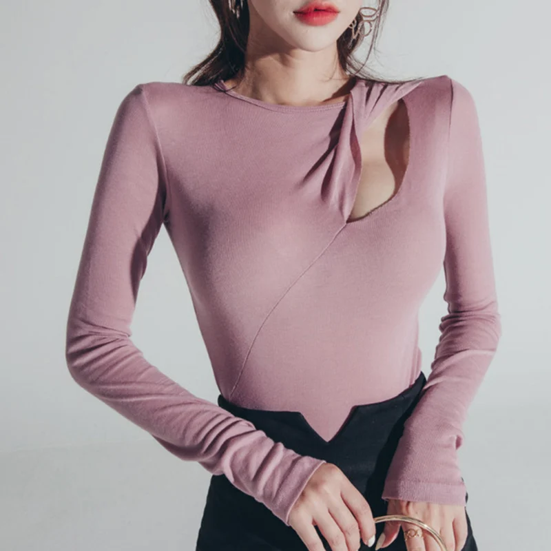 

Hollow Sexy T Shirt Women Long Sleeve O Neck Korean Slim Woman T-shirts Soild Elasticity Pullover Tee T-shirt Femme 2021 Spring
