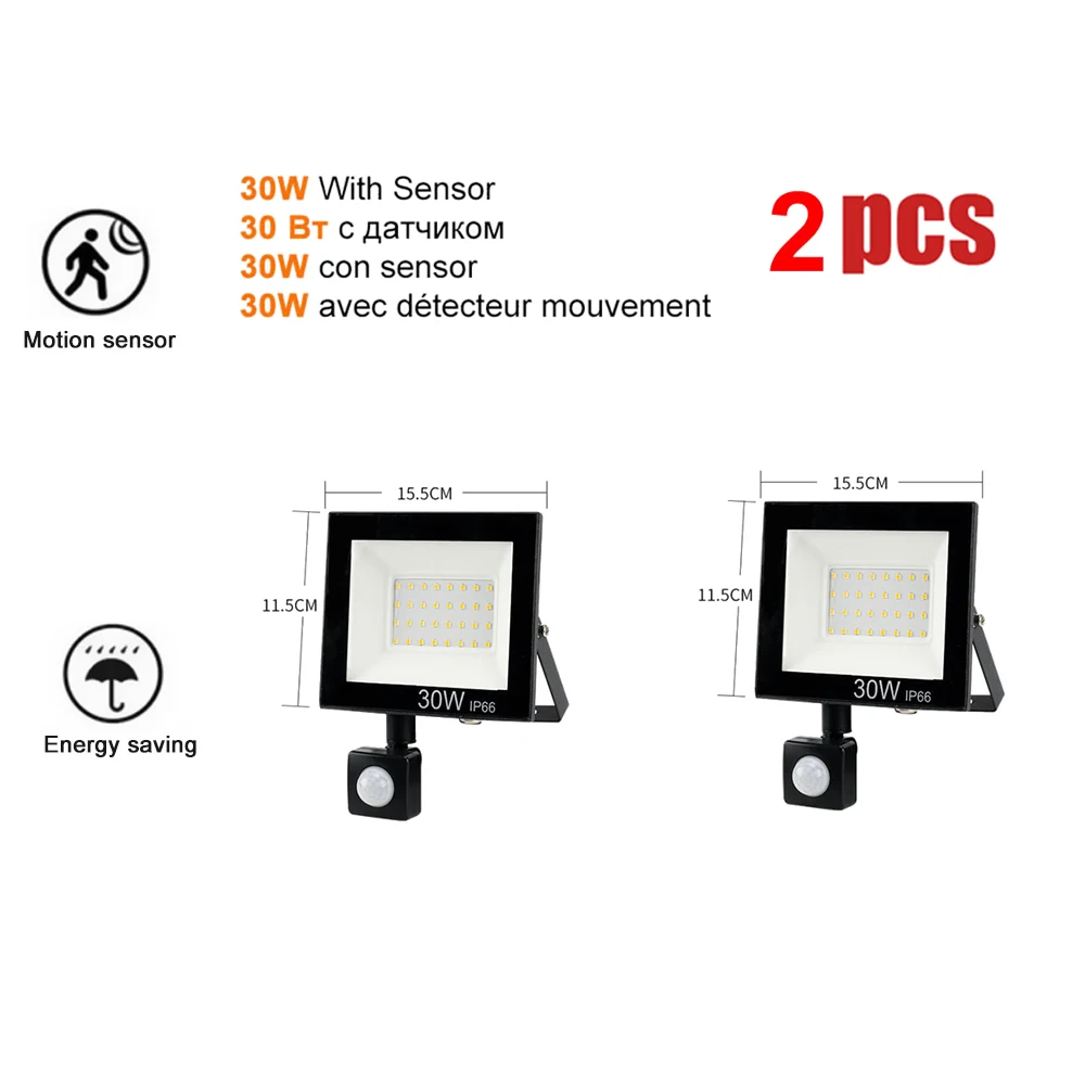 

2 pcs 220V 10-100W LED FloodLight Spotlight Exterior Street wall reflector LED Lamp PIR Motion Sensor Garden Lights Waterproof E