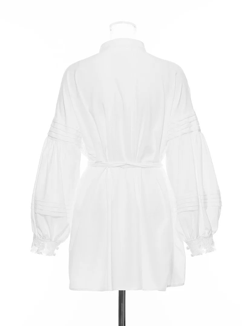 

2021 Spring Puff Long Sleeve Solid Women Short Dresses Stang Collar Sashes Sweet New Vestidos Patchwork Korean Femme Robe 13A044