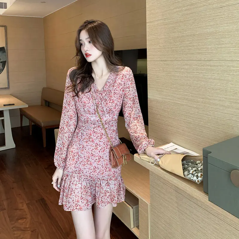 

Женское элегантное розовое платье с цветочным принтом, женские платья, корейские шикарные пикантные шифоновые Повседневные платья с длинн...