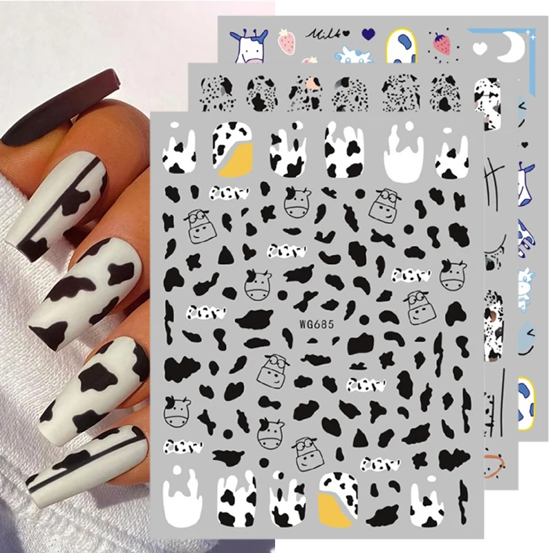 Переводные 3D-Наклейки для ногтей черные белые с молоком коровой бабочкой