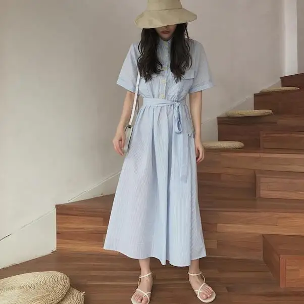 Mori Girl летнее женское длинное платье с отложным воротником синее Полосатое