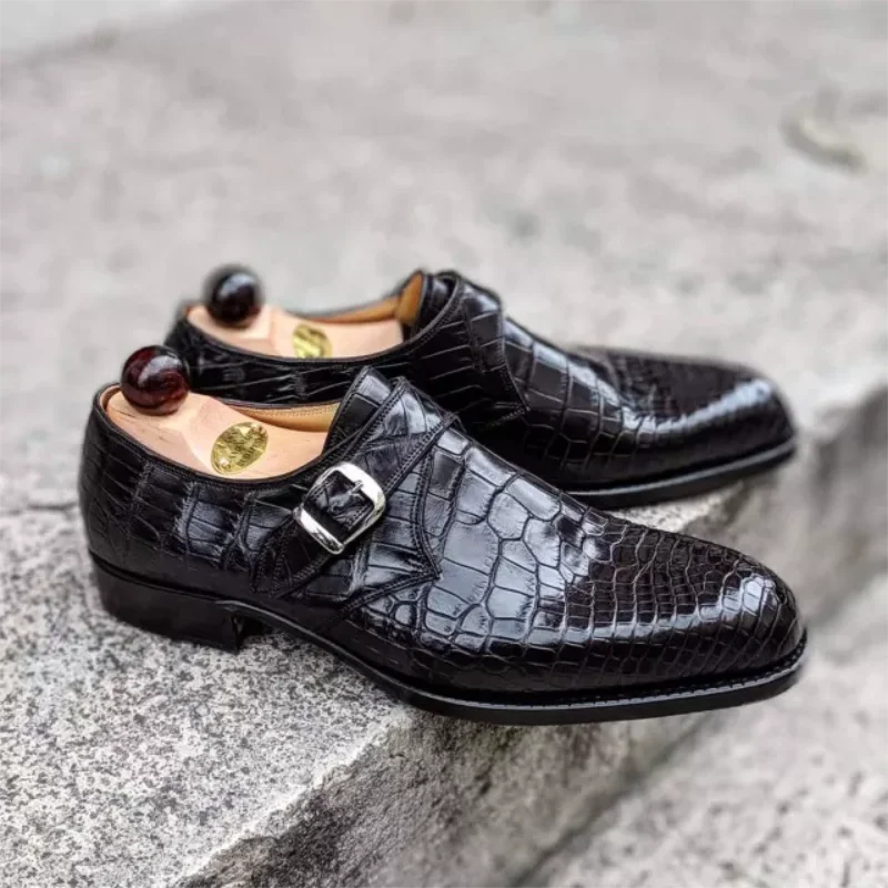 

Men's Black PU Classic Crocodile Pattern Pointed Toe Low-heel Single Buckle Fashion All-match Business Casual Monk Shoes KA205