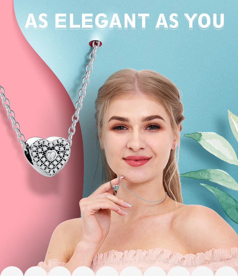 

5PCS Wholesale 925 Sterling Sliver Fine Bead Shinning Crystal Heart Charm Fit For Women Original Bracelet & Necklace DIY Jewelry