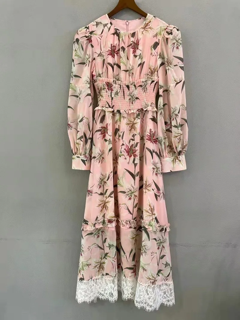 

High Quality Silk Dress 2021 Autumn Style Women O-Neck Charming Floral Print White Lace Deco Long Sleeve Mid-Calf Pink Dress