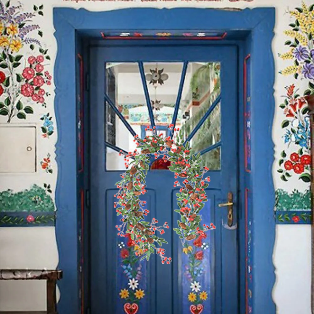 

Christmas Garland DIY Decoration 6ft Artificial Red Berry Wreath Ornament With Pine Cone And Green Leaves For Holiday Desk Decor