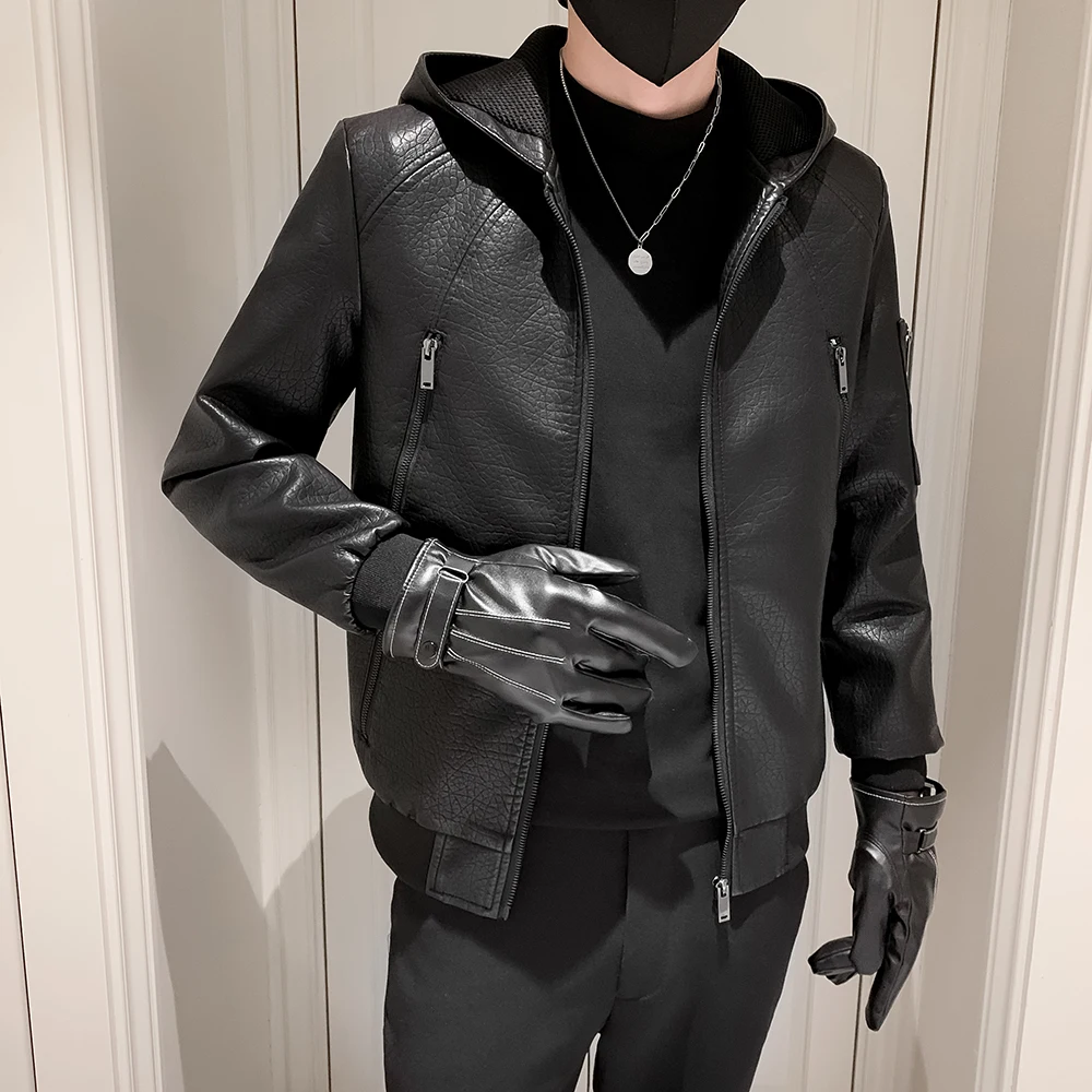 Мужская мотоциклетная кожаная куртка с капюшоном модная мужская байкерская из