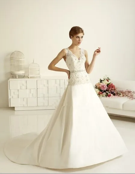 

casamento vestido de noiva renda 2016 New sexy romantic A-line satin V-neck lace crystal bridal gown wedding dress free shipping