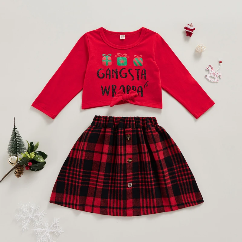

Children's Christmas Short Skirt Clothes Set Kids Girl Bowknot Letter Print Pullover Plaid A-line Skirt Autumn Outfits